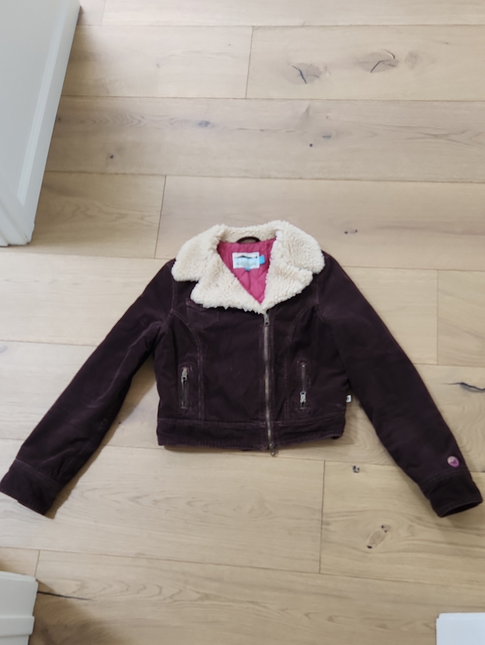 Hollister Brown Puffer Jacket with Cream Faux-Shearling Collar and Pink Lining